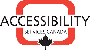 Kırmızı bir dikdörtgen içinde Accesible Services Canada, yazıyor. Yazının altında Kanada bayrağında bulunan geniş bir Akçaağaç yaprağı var.
